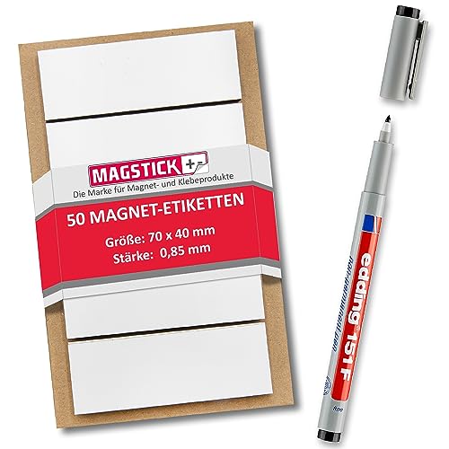 50 beschreibbare Magnet-Etiketten Magstick® I 7 x 4 cm weiß I magnetische Beschriftungsfolie beschreibbar Magnet-Streifen zum Beschriften I mag_163 von Magstick
