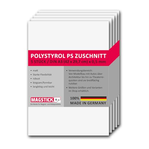 5er Set Polystyrol Platten weiß I DIN A3 Kunststoff-Hartplatten PS Zuschnitte I 29,7 x 42 cm I 0,5 mm Stärke I mag277 von Magstick