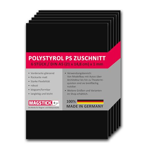 Magstick 6er Set Polystyrol Platten schwarz I DIN A5 Kunststoff-Hartplatten PS Zuschnitte I 14,8 x 21 cm I Modellbau Architektur I mag273 von Magstick