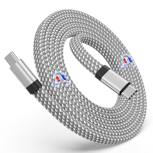 Magtame USB-C-Kabel, Magnetisches USB-C-auf-USB-C-Kabel 60W(3A), 1.5M Spiralkabel USB-C-Kabel, flaches nylongeflochtenes Typ-C-Schnellladekabel, kompatibel für USB-C-Gerät für Pad für Samsung,Silber von Magtame