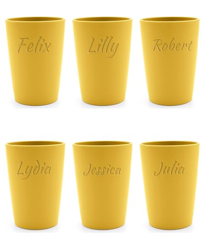 Magu 6 Personalisierte Becher aus Biopolymer (100% Erdölfrei) mit Namen | 6er Set Trinkbecher + Individuelle Namensgravur Zahnputzbecher Natur Design 6 Stück sonnengelb von Magu
