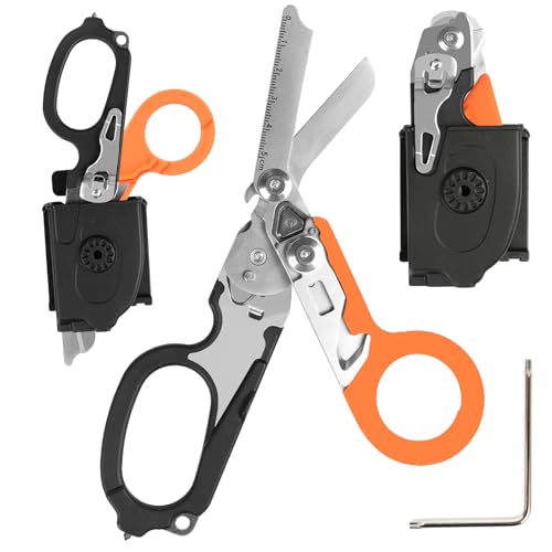 6 in 1 Multifunktions-faltbare Trauma-Schere mit kompatiblem Holster, Notfall-Response-Schere Camping Rettungswerkzeuge im Freien mit Bandschneider und Glasbrecher (schwarz) (Orange und schwarz) von Mahiot