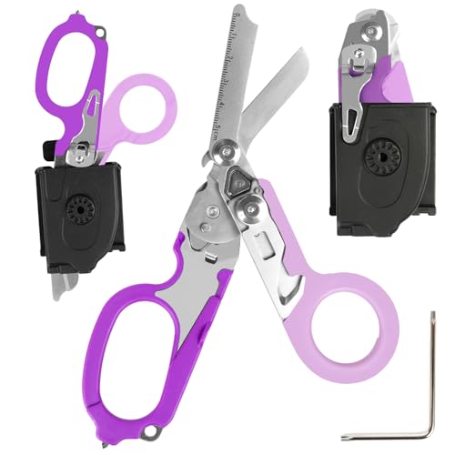 6 in 1 Multifunktions-faltbare Trauma-Schere mit kompatiblem Holster, Notfall-Response-Schere Camping Rettungswerkzeuge im Freien mit Bandschneider und Glasbrecher (schwarz) (Violett) von Mahiot