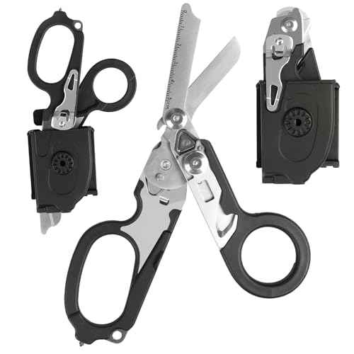 6 in 1 Multifunktions-faltbare Trauma-Schere mit kompatiblem Holster, Notfall-Response-Schere Camping Rettungswerkzeuge im Freien mit Bandschneider und Glasbrecher (schwarz) (schwarz) von Mahiot