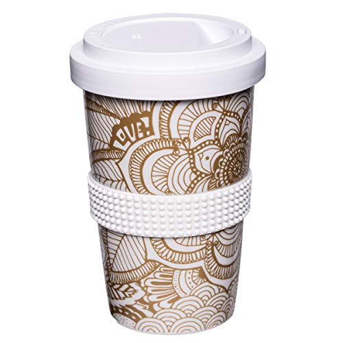 Mahlwerck Kaffeebecher to go, Porzellan Coffee-to-go Becher mit auslaufsicherem Deckel, Boho Motiv in Gold-Weiß, 400 ml von Mahlwerck