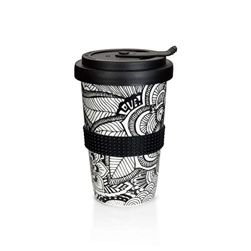 Mahlwerck Kaffeebecher to go, Porzellan Coffee-to-go Becher mit auslaufsicherem Deckel, Mandala Motiv in Schwarz-Weiß, 400 ml von Mahlwerck