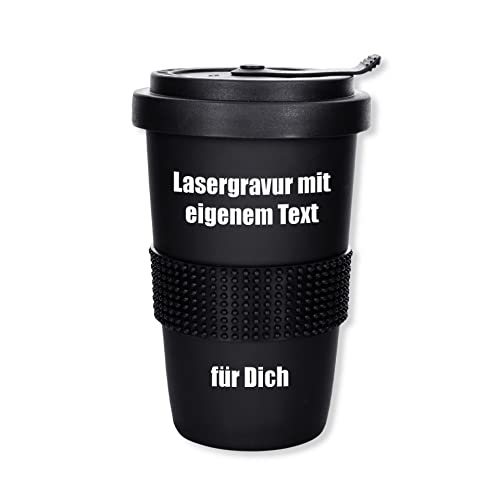 Mahlwerck Personalisierter Kaffeebecher to go mit eigener Textgravur, Porzellan Coffee-to-go Becher mit auslaufsicherem Deckel, Schwarz matt, 400 ml, 3 Zeilen graviert von Mahlwerck