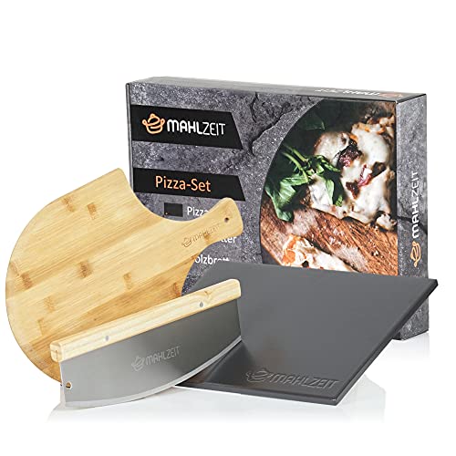 Mahlzeit 3-teiliges Pizza Set | 38 x 30 cm | Pizzastein mit Schaufel und Pizzamesser | Pizzastein für Backofen und Grill | Pizza Zubehör Set, Pizzastein Set, Pizza stone, Grillstein, Backstein von Mahlzeit