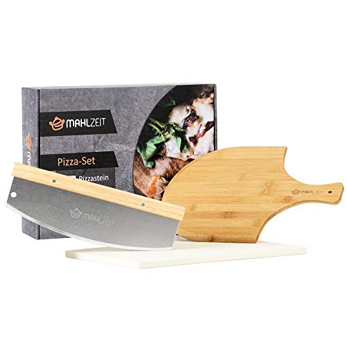 Mahlzeit 3-teiliges Pizza Set | 40 x 30 cm | Pizzastein mit Schaufel und Pizzamesser | Pizzastein für Backofen und Grill | Pizza Zubehör Set, Pizzastein Set, Pizza stone, Grillstein, Backstein von Mahlzeit