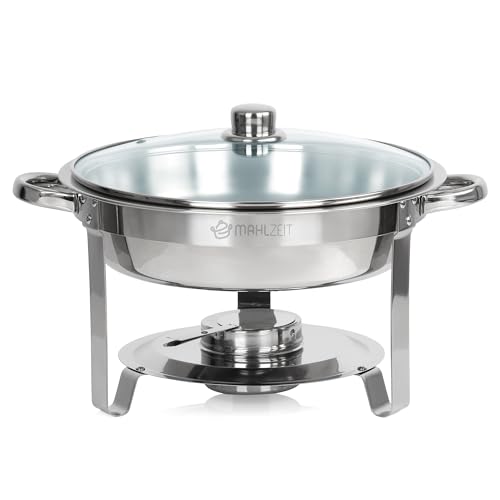 Mahlzeit Edelstahl Chafing Dish rund 4 Liter | Speisenwärmer, Wärmebehälter, Bain Marie Rechaud | Warmhaltebehälter Essen, Chafing Dishes für Buffet Catering Gastro und Party, GN Behälter von Mahlzeit