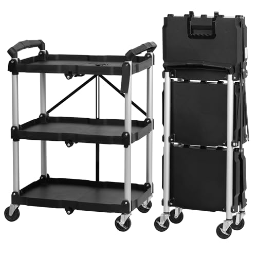Mahlzeit Faltbarer Servierwagen mit Rollen | 64 x 40,5 x 82 cm, Bis zu 150 kg Belastbar | Schwarz | dreistufiges Faltregal, Klappregal mit 3 Etagen | Klappbares Standregal, Klappbares Regal von Mahlzeit