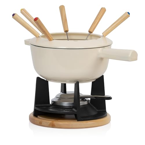 Mahlzeit Gusseisen Fondue Set für 6 Personen | 2 Liter | Fondueset 13 teilig mit Brenner und Gabeln | Fondue-Set, Käsefondue Set, Fleischfondue Set, Schokofondue Set (Creme emailliert) von Mahlzeit