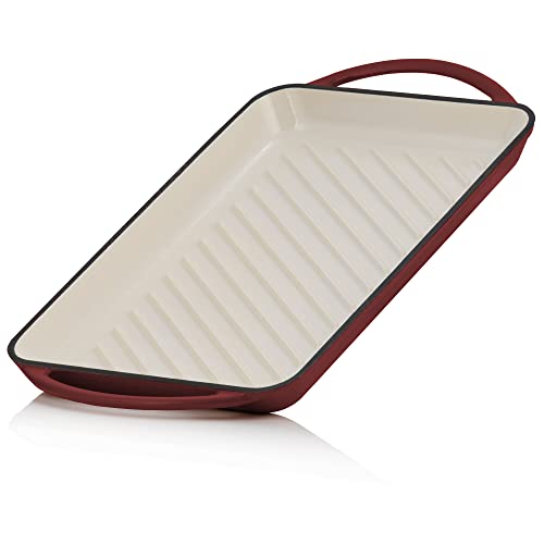 Mahlzeit Gusseisen-Grillplatte Emailliert | Dark Cherry | 39,5 x 22 x 3,5 cm | Grill Platte Gußeisern mit zwei Griffen, Eckig, Gerippt | Grillplatten, Bratplatte, Grillplatte Gusseisen, Griddle Plate von Mahlzeit