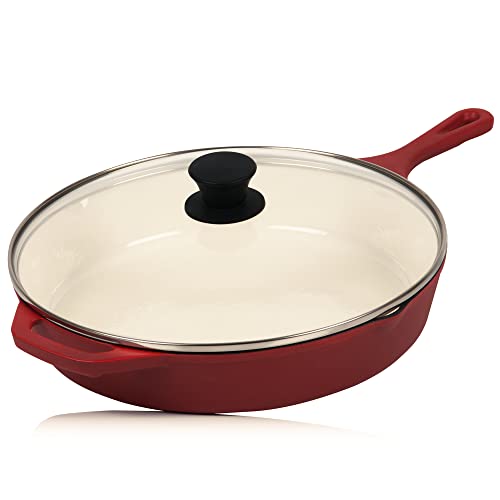 Mahlzeit Gusseisenpfanne mit Deckel emailliert | Ø 29,5 cm | Dark Cherry | Bratpfanne mit zwei Ausgießern | Grillpfanne Deckel, Universalpfanne, Gusspfanne, Bratpfanne mit Deckel, Hoher Rand, Pfannen von Mahlzeit