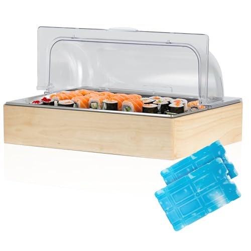 Mahlzeit Kühl Servierplatte | 53 x 34 x 27 cm | GN 1/1 Kühlplatte mit Haube, System Kühlschale mit Kühlakku | Frischhalteplatte mit Holzrahmen, Servierhaube mit 2 Kühlakkus | Catering Platte von Mahlzeit