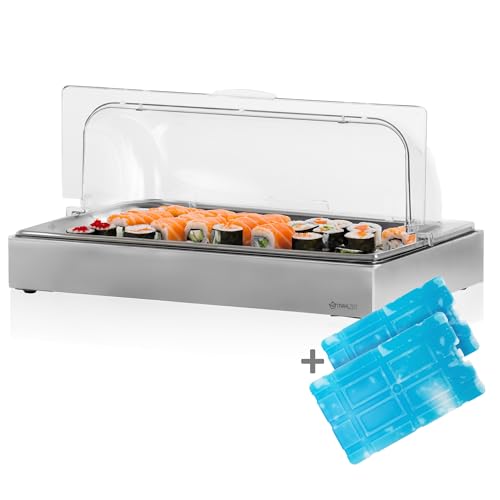 Mahlzeit Kühl Servierplatte | 54 x 34 x 24,5 cm | GN 1/1 Kühlplatte mit Haube, System Kühlschale mit Kühlakku | Frischhalteplatte, Servierhaube mit 2 Kühlakkus | Catering Platte, Buffetvitrine von Mahlzeit