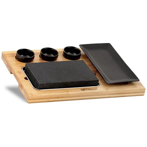 Mahlzeit Lavastein Set (7-teilig) | Set mit heißem Stein, Teller und Dipschalen auf praktischem Holzbrett | Grill Stein, Steak Stein, Steak Stone, Heißer Stein Steak von Mahlzeit