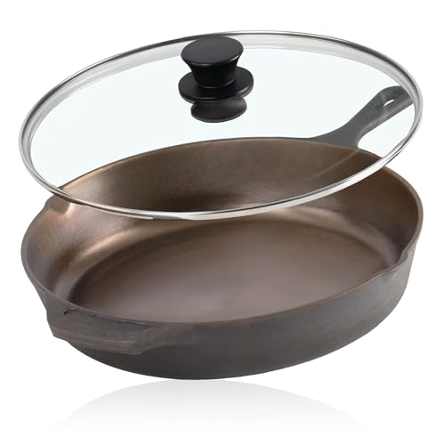 Mahlzeit Polierte Gusseisenpfanne mit Deckel 29,5 cm | Bratpfanne mit zwei Ausgießern | Grillpfanne Deckel, Universalpfanne, Feuerpfanne, Gusspfanne poliert | Bratpfanne mit Deckel, Hoher Rand von Mahlzeit