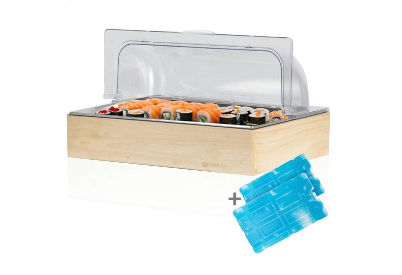 Mahlzeit Servierplatte Kühl Servierplatte, 53 x 34 x 27 cm, GN 1/1 Kühlplatte mit Holzrahmen, Edelstahl, (1-tlg), Transparenter Deckel von Mahlzeit