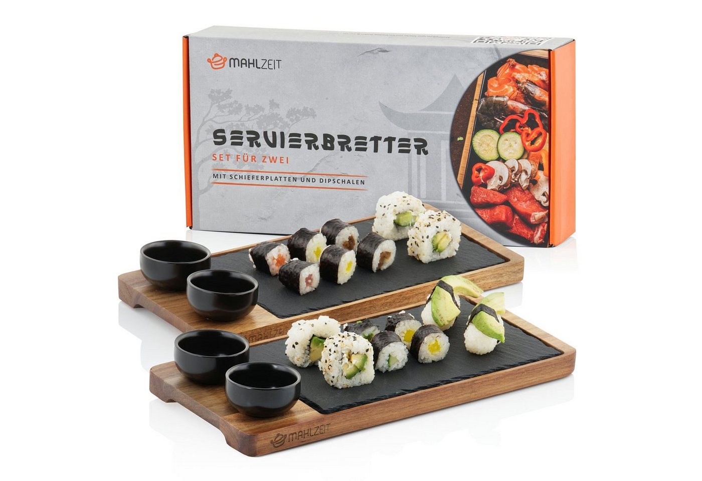 Mahlzeit Servierplatte Servierset (2er-Set), 8-tlg. aus Schieferplatte, Dipschale, Holzbrett, Schiefer, (Servierplattenset), Für 2 Personen von Mahlzeit