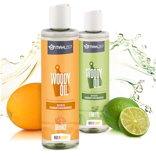 Mahlzeit WOODY OIL Holzpflege Set, Öl für Schneidebretter und Holzküchenutensilien | 2x 250 ml, Limettenduft + Orangenduft | 100% natürlich | Holzöl für Holzschneidebretter Arbeitsplatten Küche von Mahlzeit