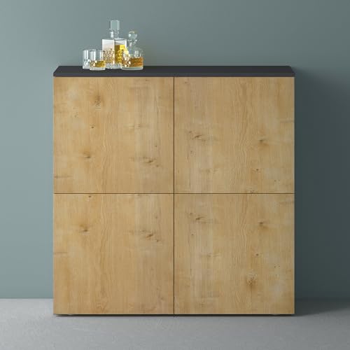 Mai & Mai Möbel Kommode Aufbewahrungsschrank mit 4 Türen in Anthrazit matt + Kerneiche Sideboard Schrank Mehrzweckschrank BTH: 100x36,4x98 cm Schrank04 von Mai & Mai