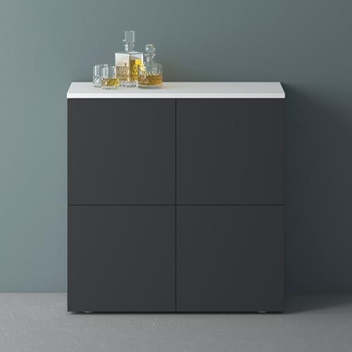 Mai & Mai Möbel Kommode Aufbewahrungsschrank mit 4 Türen in Weiß matt + Anthrazit matt Sideboard Schrank Mehrzweckschrank BTH: 76x36,4x74 cm Schrank04 von Mai & Mai