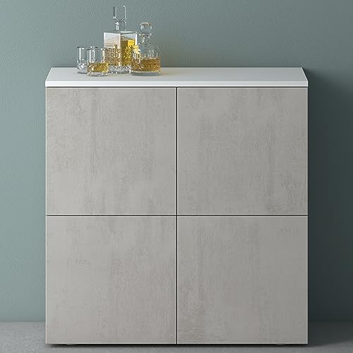 Mai & Mai Möbel Kommode Aufbewahrungsschrank mit 4 Türen in Weiß matt + Beton Sideboard Schrank Mehrzweckschrank BTH: 76x36,4x74 cm Schrank04 von Mai & Mai