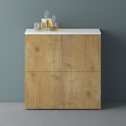 Mai & Mai Möbel Kommode Aufbewahrungsschrank mit 4 Türen in Weiß matt + Kerneiche Sideboard Schrank Mehrzweckschrank BTH: 76x36,4x74 cm Schrank04 von Mai & Mai