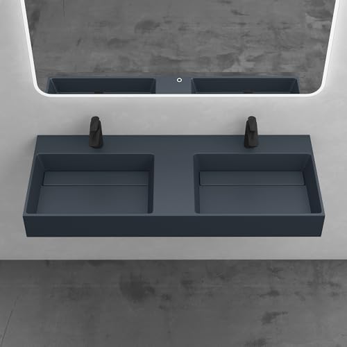 Mai & Mai Aufsatzwaschbecken Doppel-Waschbecken mit 2 Armaturenlöcher Hängewaschbecken Col12 120x48x13cm in matt Anthrazit aus Mineralguss ohne Überlauf von Mai & Mai