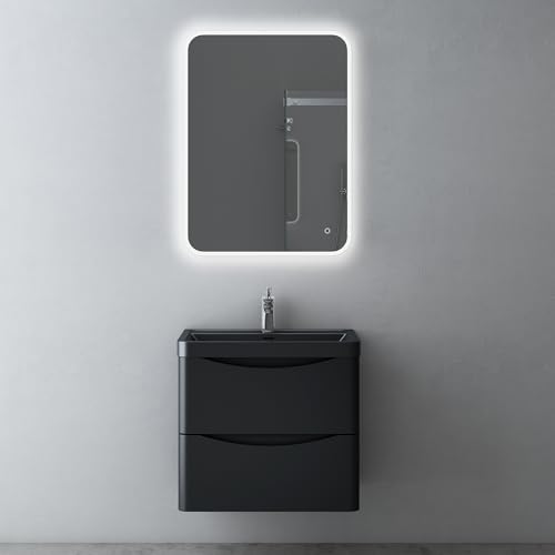 Mai & Mai Badmöbel Set Waschtisch mit Unterschrank Waschbeckenunterschrank mit Softclose Schubladen inkl. Waschbecken LED-Badspiegel 60cm in Matt Schwarz Smile von Mai & Mai