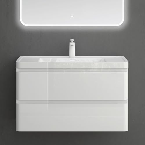 Mai & Mai Badmöbel-Set Waschbeckenunterschrank 90x48x55cm in Weiß mit Softclose Schubladen inkl. Mineralguss Waschbecken und LED-Spiegel Lucca von Mai & Mai