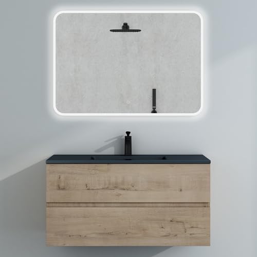 Mai & Mai Badmöbel-Set Waschtisch mit Unterschrank Mineralguss Waschbecken in Anthrazit Waschbeckenunterschrank 100x48x50cm Eiche Greige 2-Schubladen Soft-Close inkl. LED-Spiegel Aqualis von Mai & Mai