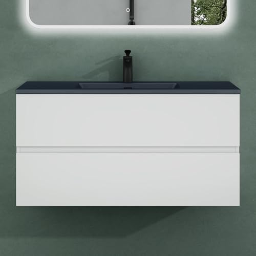 Mai & Mai Badmöbel-Set Waschtisch mit Unterschrank Mineralguss Waschbecken in Anthrazit Waschbeckenunterschrank 100x48x50cm Weiß Matt 2-Schubladen Soft-Close Aqualis von Mai & Mai