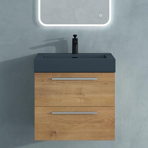 Mai & Mai Badmöbel-Set Waschbeckenunterschrank 60 cm, Waschtisch mit Unterschrank in Kerneiche, inkl. Waschschbecken aus Mineralguss Quadratto von Mai & Mai