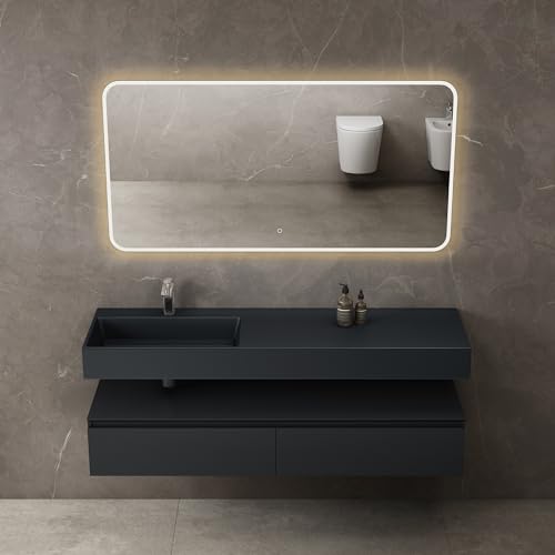 Mai & Mai Badmöbelset Waschtisch mit Unterschrank Anthrazit matt 150x48x25cm mit Soft-Close Schubladen inkl. Mineralguss-Waschbecken in matt Anthrazit und LED-Badspiegel UP von Mai & Mai