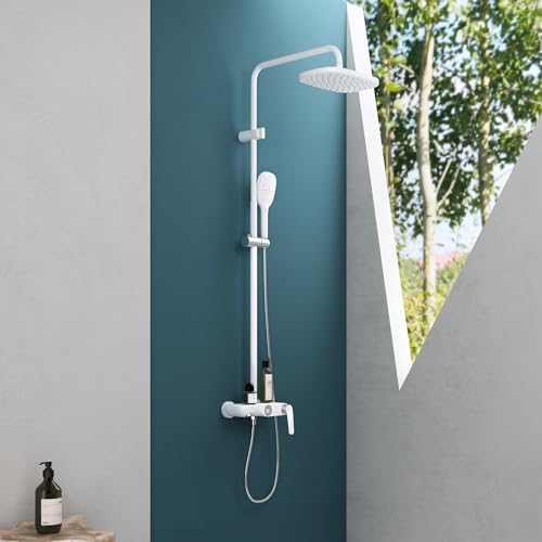 Mai & Mai Duschsystem4 Weiß matt mit Hand- und Kopfbrause Regendusche Duscharmatur mit Wandhalterungs-Set von Mai & Mai