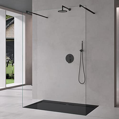 Mai & Mai Duschwand Duschabtrennung 2 Schwarze Haltestange für Walk-In Dusche 100cm 10mm Klarglas ESG-Sicherheitsglas mit Nanobeschichtung Rechteckiger Stabilisator Bremen02K+2 von Mai & Mai