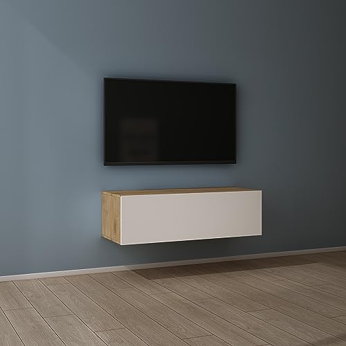 Mai & Mai Fernsehtisch Fernsehschrank TV Schrank Verdeckter Griff mit Soft-Close Lowboard Hängeschrank für Wohnzimmer in Kerneiche + Matt Weiß BTH: 100x40,2x30 cm Fernsehschrank02 von Mai & Mai