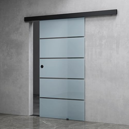 Mai & Mai Glasschiebetür komplettset Schwarz 5-Milchglas Streifen, Griffart: Muschelgriff, BxH: 90x215cm, 15 mm Wandabstand, 8mm ESG-Sicherheitsglas von Mai & Mai