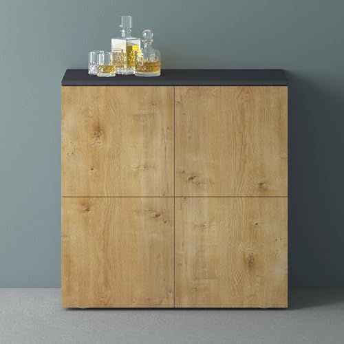 Mai & Mai Möbel Kommode Aufbewahrungsschrank mit 4 Türen in Anthrazit matt + Kerneiche Sideboard Schrank Mehrzweckschrank BTH: 76x36,4x74 cm Schrank04 von Mai & Mai