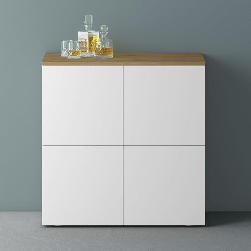 Mai & Mai Möbel Kommode Aufbewahrungsschrank mit 4 Türen in Kerneiche + Weiß matt Sideboard Schrank Mehrzweckschrank BTH: 76x36,4x74 cm Schrank04 von Mai & Mai