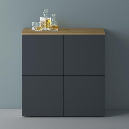 Mai & Mai Möbel Kommode Aufbewahrungsschrank mit 4 Türen in Kerneiche + Anthrazit matt Sideboard Schrank Mehrzweckschrank BTH: 76x36,4x74 cm Schrank04 von Mai & Mai