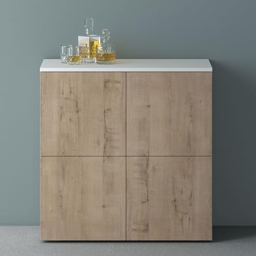 Mai & Mai Möbel Kommode Aufbewahrungsschrank mit 4 Türen in Weiß matt + Eiche Greige Sideboard Schrank Mehrzweckschrank BTH: 76x36,4x74 cm Schrank04 von Mai & Mai