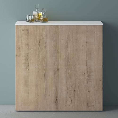 Mai & Mai Möbel Kommode Aufbewahrungsschrank mit 4 Türenin Weiß matt + Beton Sideboard Schrank Mehrzweckschrank BTH: 100x36,4x98 cm Schrank04 von Mai & Mai