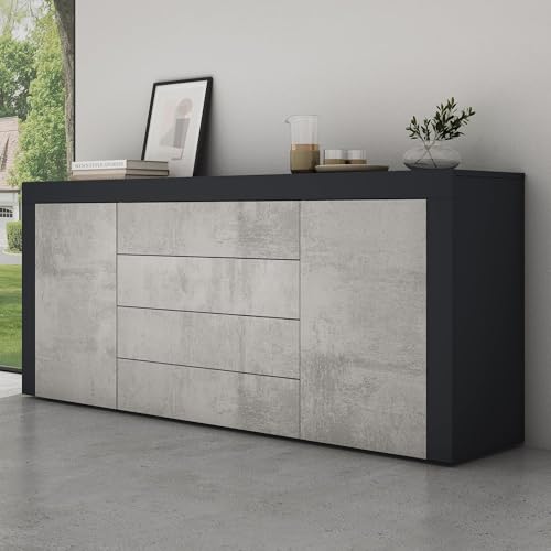 Mai & Mai Sideboard Aufbewahrungsschrank BTH: 167x36x70 cm mit 2 Schränken und 4 Schubladen in Anthrazit matt + Beton Kommode Mehrzweckschrank Möbel Schrank03 von Mai & Mai