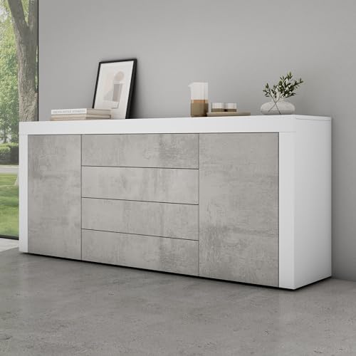 Mai & Mai Sideboard Aufbewahrungsschrank BTH: 167x36x70 cm mit 2 Schränken und 4 Schubladen in Weiß matt + Beton Kommode Mehrzweckschrank Möbel Schrank03 von Mai & Mai