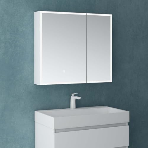 Mai & Mai Spiegelschrank Bad mit LED Beleuchtung Badezimmerschrank Hängeschrank Badezimmerspiegel BxTxH 80x15x70 cm Weiß matt Spiegelschrank-04 von Mai & Mai