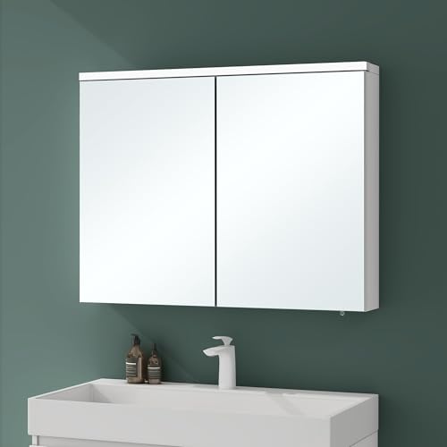 Mai & Mai Spiegelschrank Bad mit LED Beleuchtung Badezimmerschrank Hängeschrank Badezimmerspiegel BxTxH 90x15x70 cm Weiß matt Spiegelschrank-03 von Mai & Mai