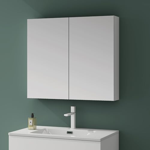 Mai & Mai Spiegelschrank mit 2 Spielgeltüren Badezimmerschrank Hängeschrank Badezimmerspiegel BxTxH 80x15x70 cm Weiß matt Spiegelschrank-02 von Mai & Mai